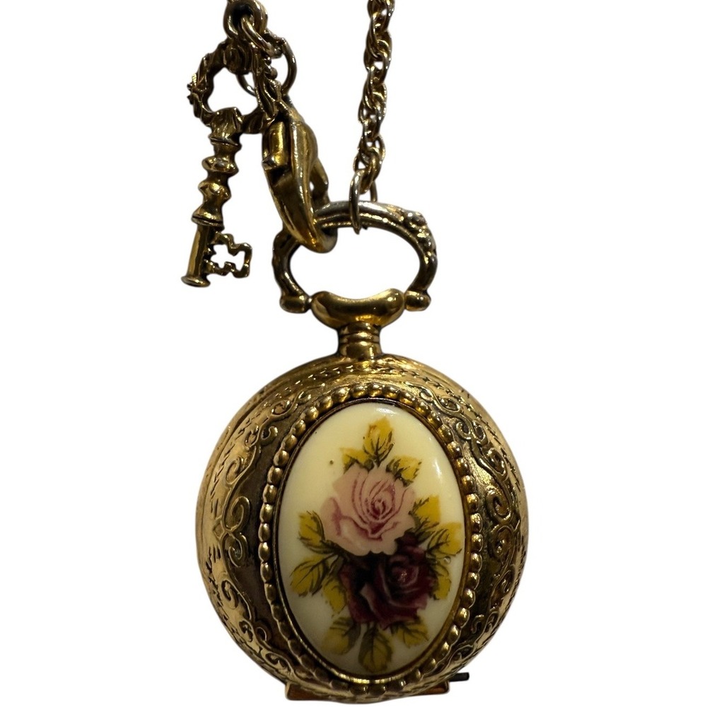 Vtg Hong Kong Gold Tone Pocket Watch Case Necklace Porcelain Rose Cameo Pendant